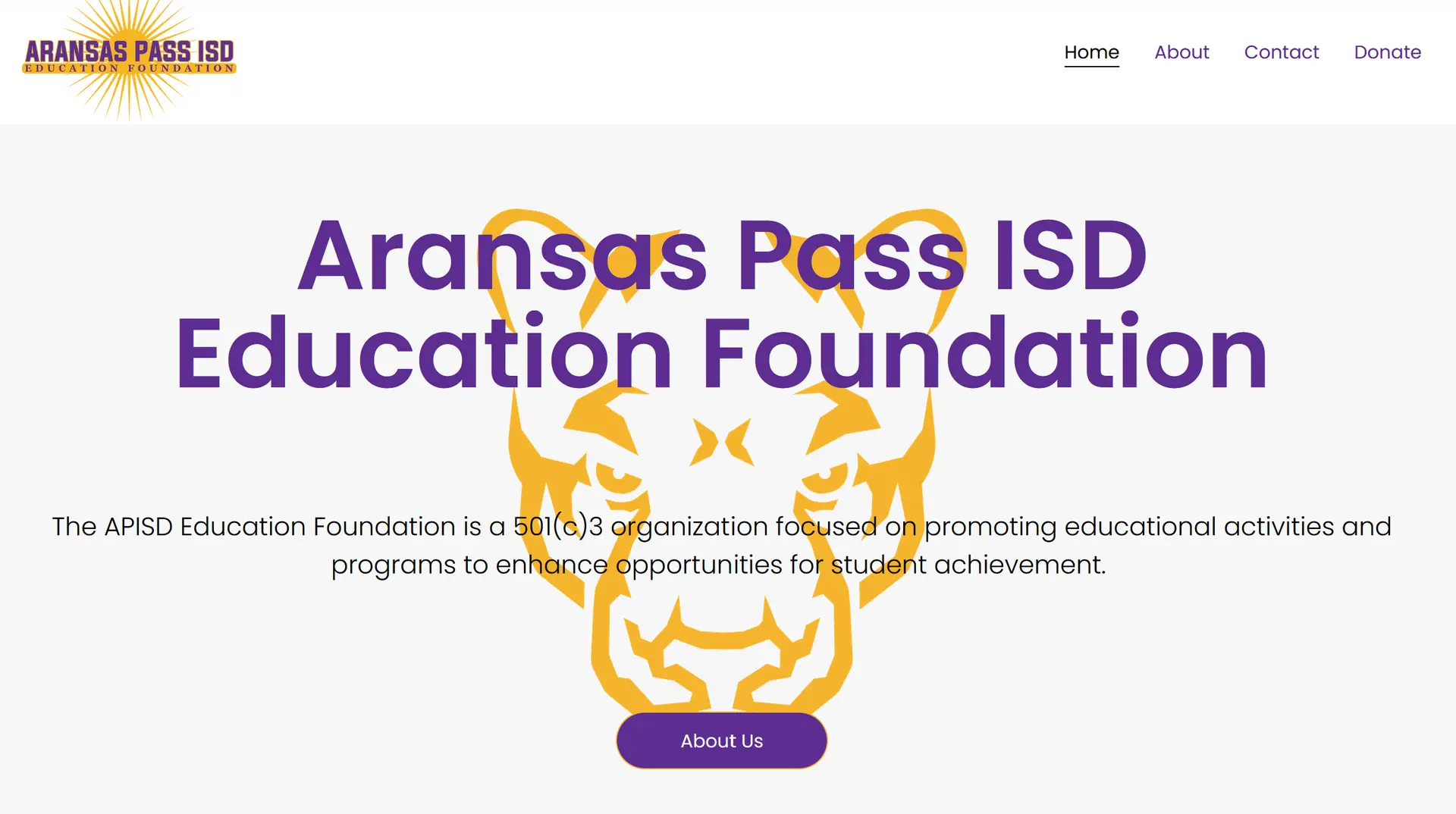 A screenshot of the Aransas Pass Education Foundation website. The screenshot includes a yellow panther logo and Aransas Pass ISD Education Foundation in bold purple letters