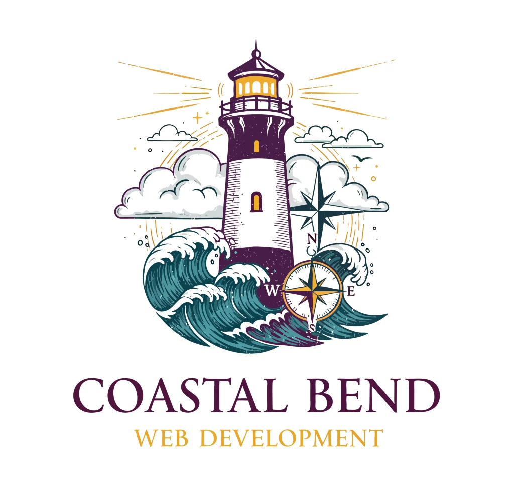 The Coastal Bend Web Development Logo. A white purple and gold lighthouse surrounded by teal waves that are crashing against it. In the bottom left corner is a compass